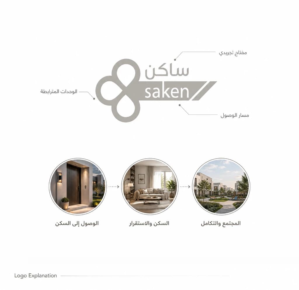 فلسفة وتفاصيل تصميم شعار ساكن - مفتاح تجريدي ومسار الوصول والوحدات المترابطة